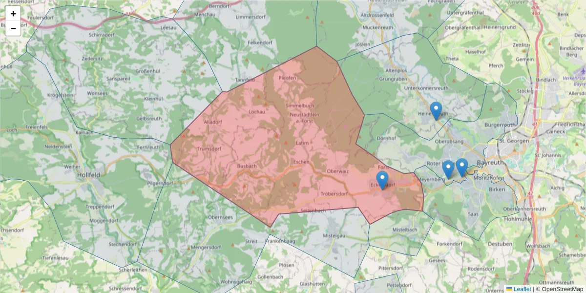 Karte des Postleitzahlen Bereichs  und der umliegenden Postleitzahlen in Deutschland