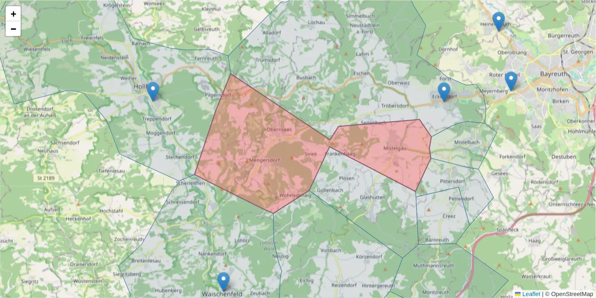 Karte des Postleitzahlen Bereichs  und der umliegenden Postleitzahlen in Deutschland