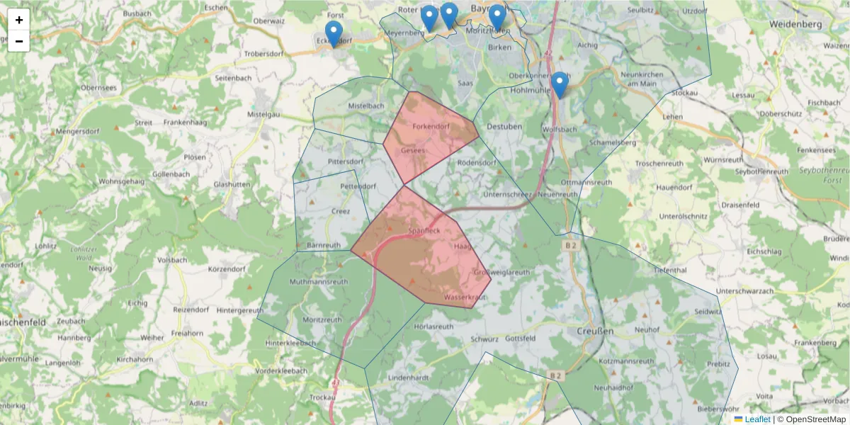 Karte des Postleitzahlen Bereichs  und der umliegenden Postleitzahlen in Deutschland