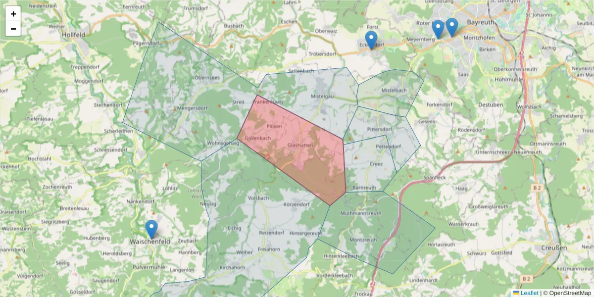 Karte des Postleitzahlen Bereichs  und der umliegenden Postleitzahlen in Deutschland
