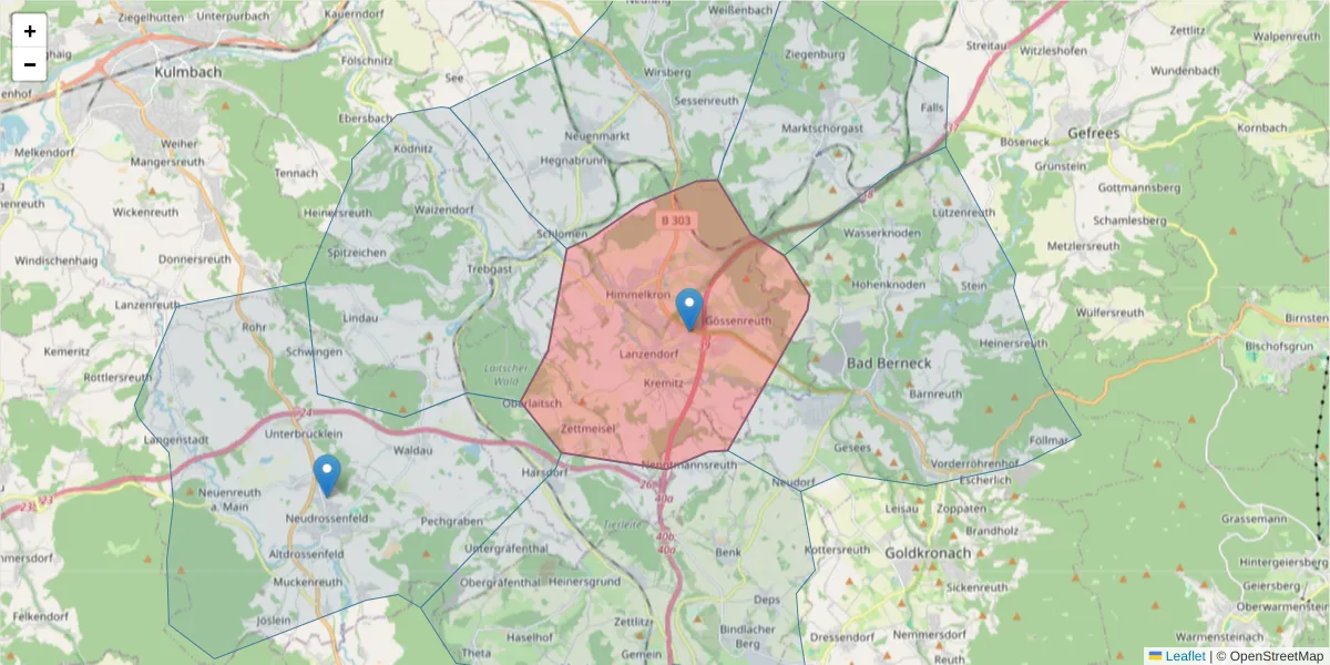 Karte des Postleitzahlen Bereichs  und der umliegenden Postleitzahlen in Deutschland