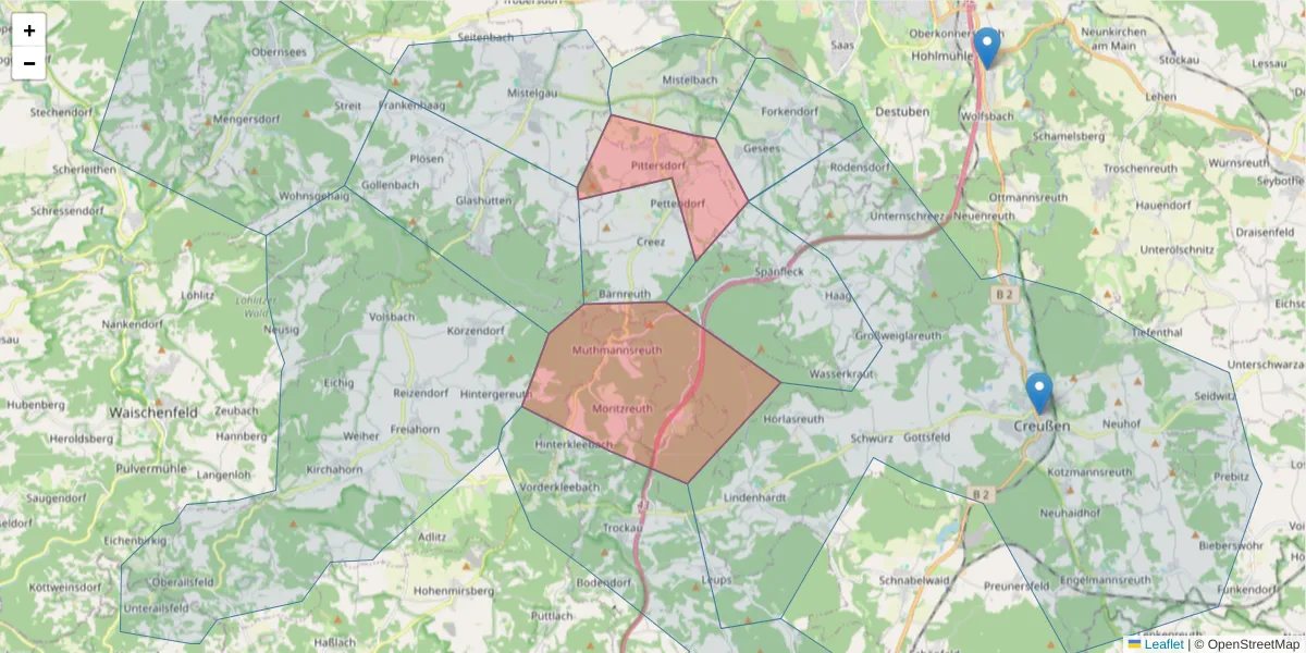 Karte des Postleitzahlen Bereichs  und der umliegenden Postleitzahlen in Deutschland