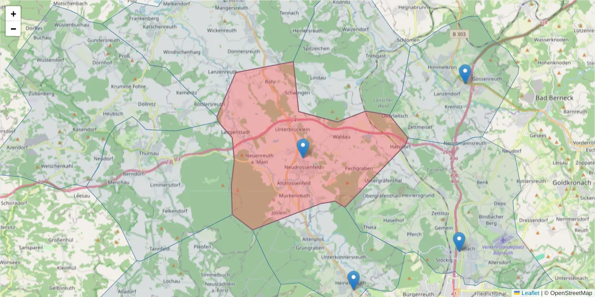 Karte des Postleitzahlen Bereichs  und der umliegenden Postleitzahlen in Deutschland