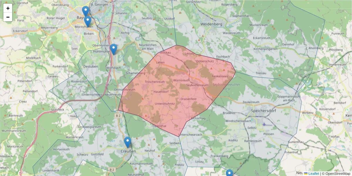 Karte des Postleitzahlen Bereichs  und der umliegenden Postleitzahlen in Deutschland