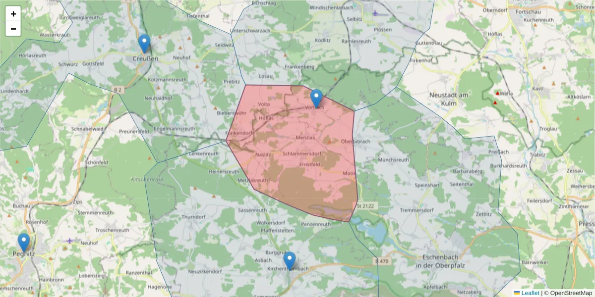 Karte des Postleitzahlen Bereichs  und der umliegenden Postleitzahlen in Deutschland