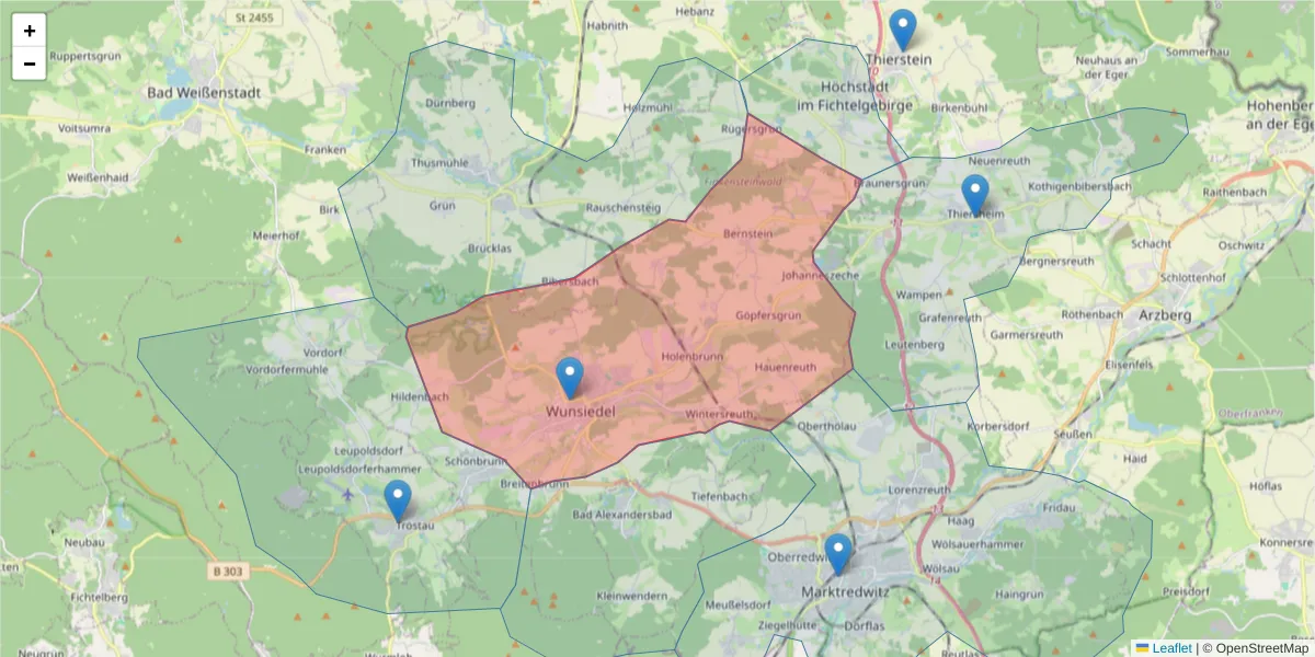 Karte des Postleitzahlen Bereichs  und der umliegenden Postleitzahlen in Deutschland