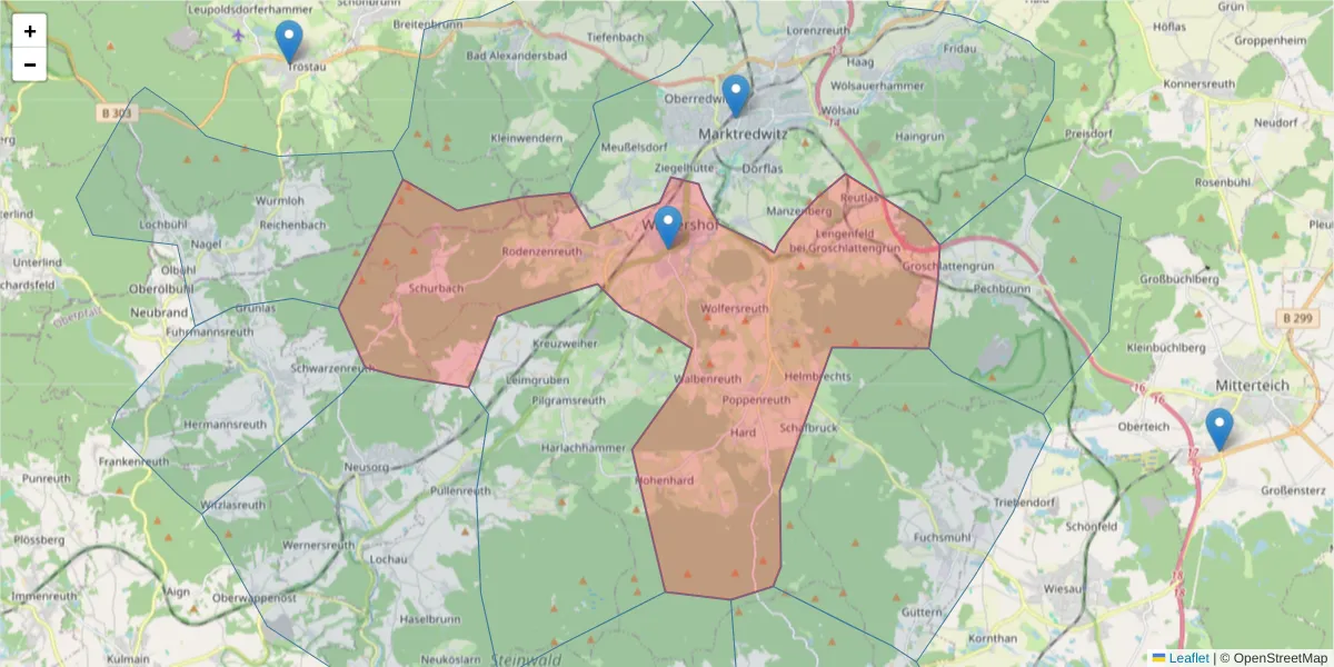 Karte des Postleitzahlen Bereichs  und der umliegenden Postleitzahlen in Deutschland