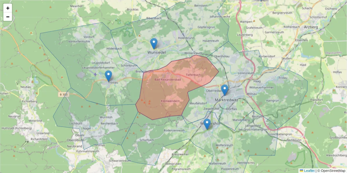 Karte des Postleitzahlen Bereichs  und der umliegenden Postleitzahlen in Deutschland