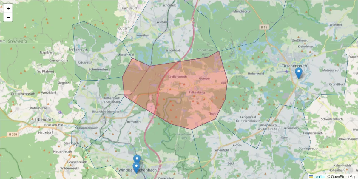 Karte des Postleitzahlen Bereichs  und der umliegenden Postleitzahlen in Deutschland