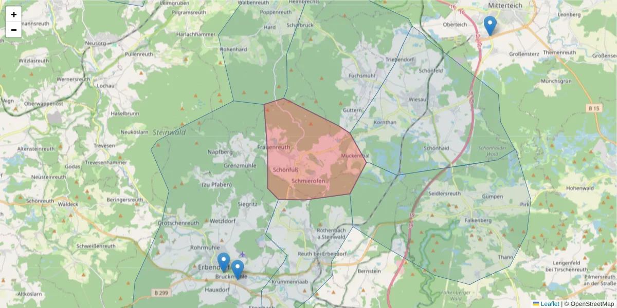 Karte des Postleitzahlen Bereichs  und der umliegenden Postleitzahlen in Deutschland