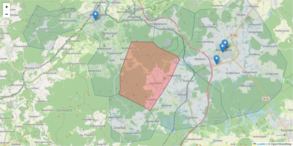 Karte des Postleitzahlen Bereichs  und der umliegenden Postleitzahlen in Deutschland