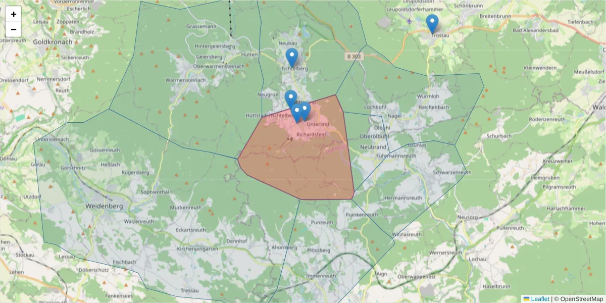 Karte des Postleitzahlen Bereichs  und der umliegenden Postleitzahlen in Deutschland