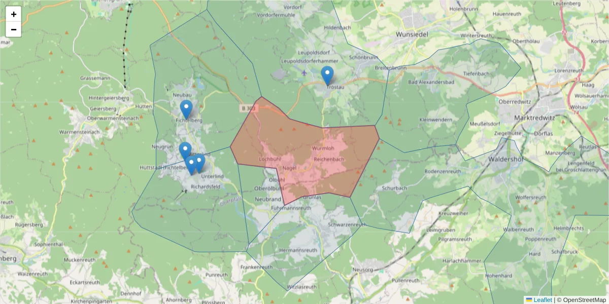 Karte des Postleitzahlen Bereichs  und der umliegenden Postleitzahlen in Deutschland