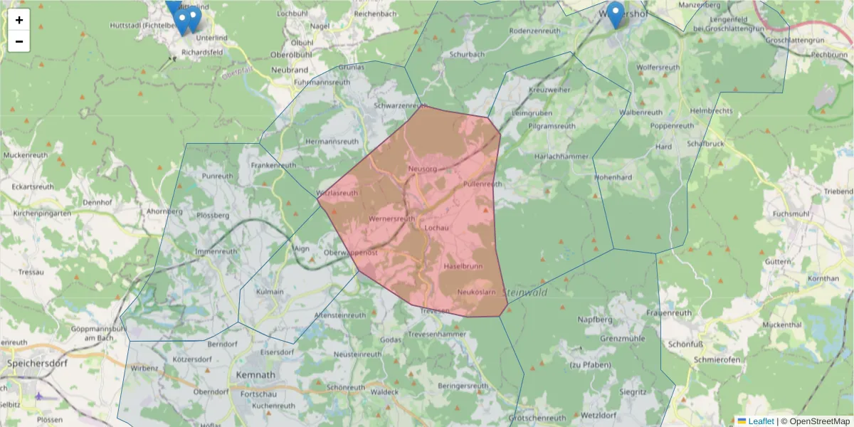 Karte des Postleitzahlen Bereichs  und der umliegenden Postleitzahlen in Deutschland