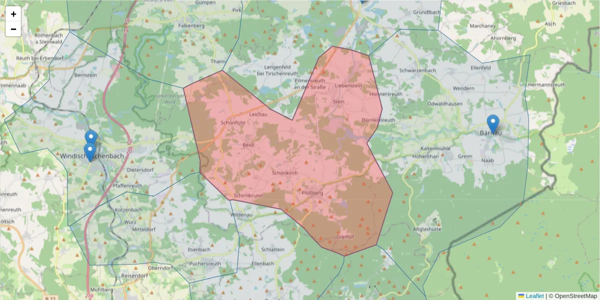 Karte des Postleitzahlen Bereichs  und der umliegenden Postleitzahlen in Deutschland