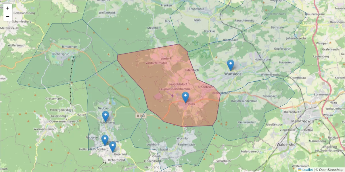 Karte des Postleitzahlen Bereichs  und der umliegenden Postleitzahlen in Deutschland