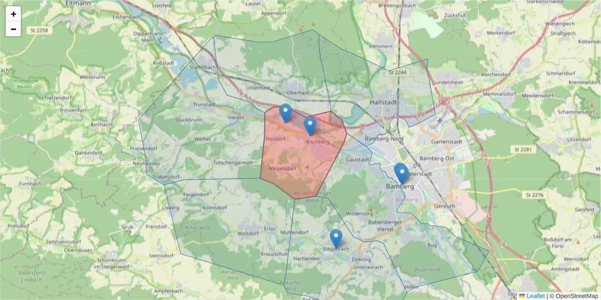 Karte des Postleitzahlen Bereichs  und der umliegenden Postleitzahlen in Deutschland