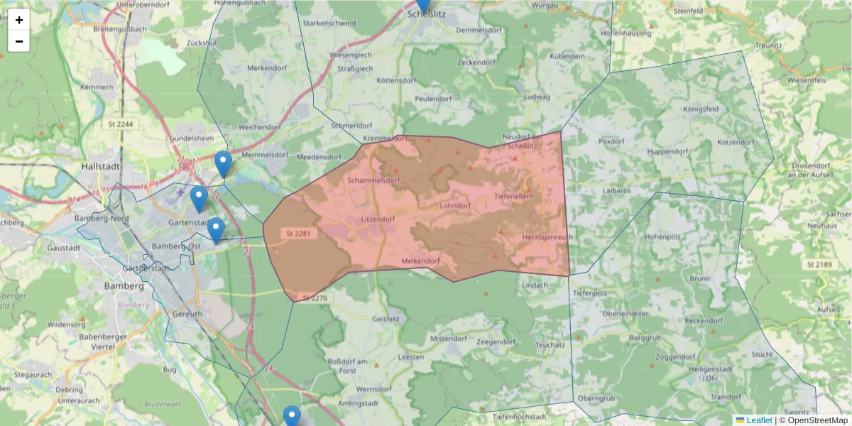 Karte des Postleitzahlen Bereichs  und der umliegenden Postleitzahlen in Deutschland