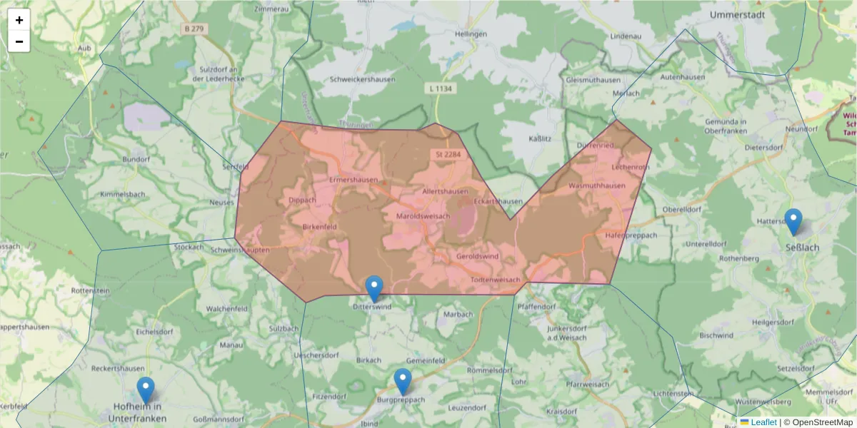 Karte des Postleitzahlen Bereichs  und der umliegenden Postleitzahlen in Deutschland
