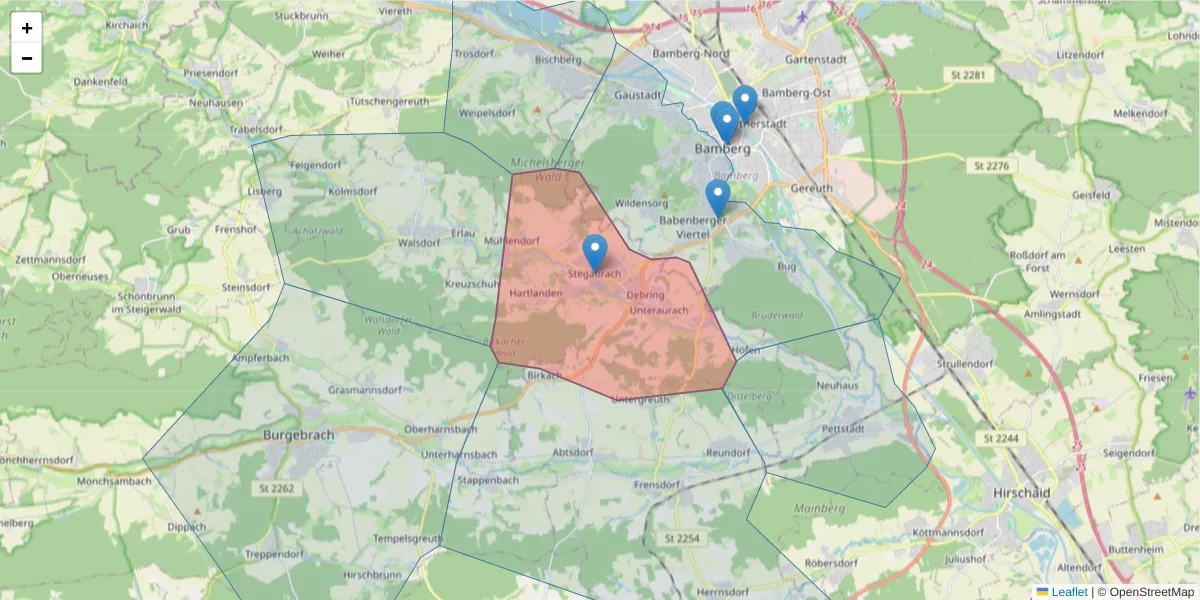 Karte des Postleitzahlen Bereichs  und der umliegenden Postleitzahlen in Deutschland