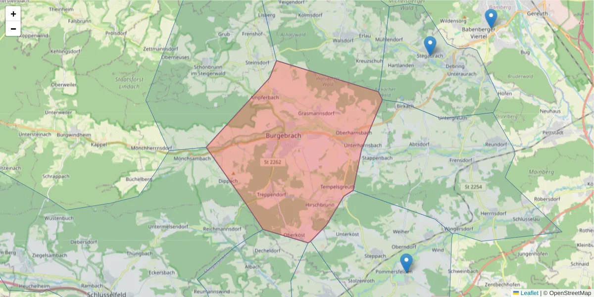 Karte des Postleitzahlen Bereichs  und der umliegenden Postleitzahlen in Deutschland
