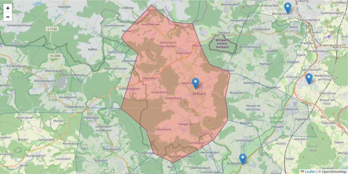 Karte des Postleitzahlen Bereichs  und der umliegenden Postleitzahlen in Deutschland