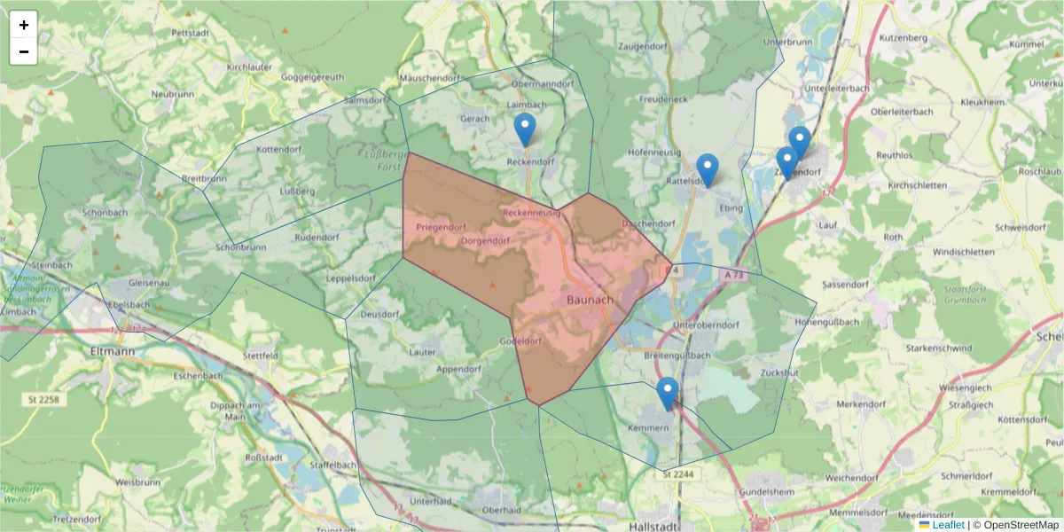 Karte des Postleitzahlen Bereichs  und der umliegenden Postleitzahlen in Deutschland