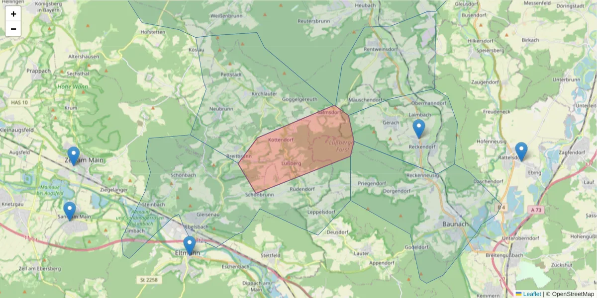 Karte des Postleitzahlen Bereichs  und der umliegenden Postleitzahlen in Deutschland
