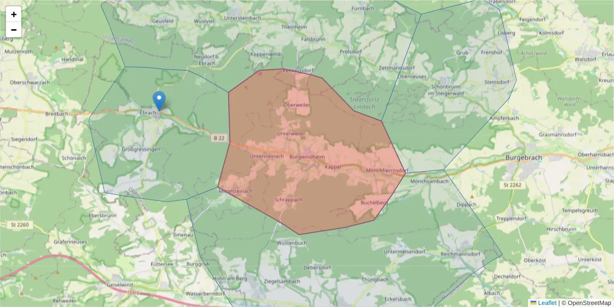 Karte des Postleitzahlen Bereichs  und der umliegenden Postleitzahlen in Deutschland