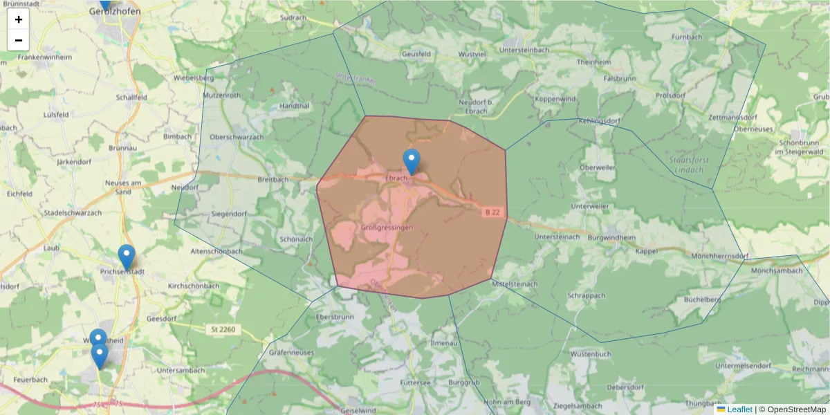 Karte des Postleitzahlen Bereichs  und der umliegenden Postleitzahlen in Deutschland