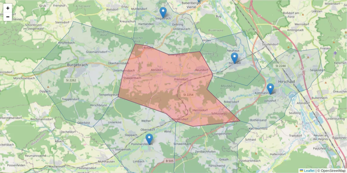 Karte des Postleitzahlen Bereichs  und der umliegenden Postleitzahlen in Deutschland