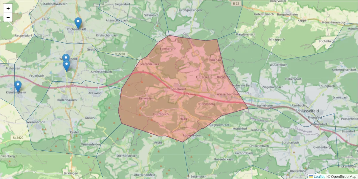 Karte des Postleitzahlen Bereichs  und der umliegenden Postleitzahlen in Deutschland