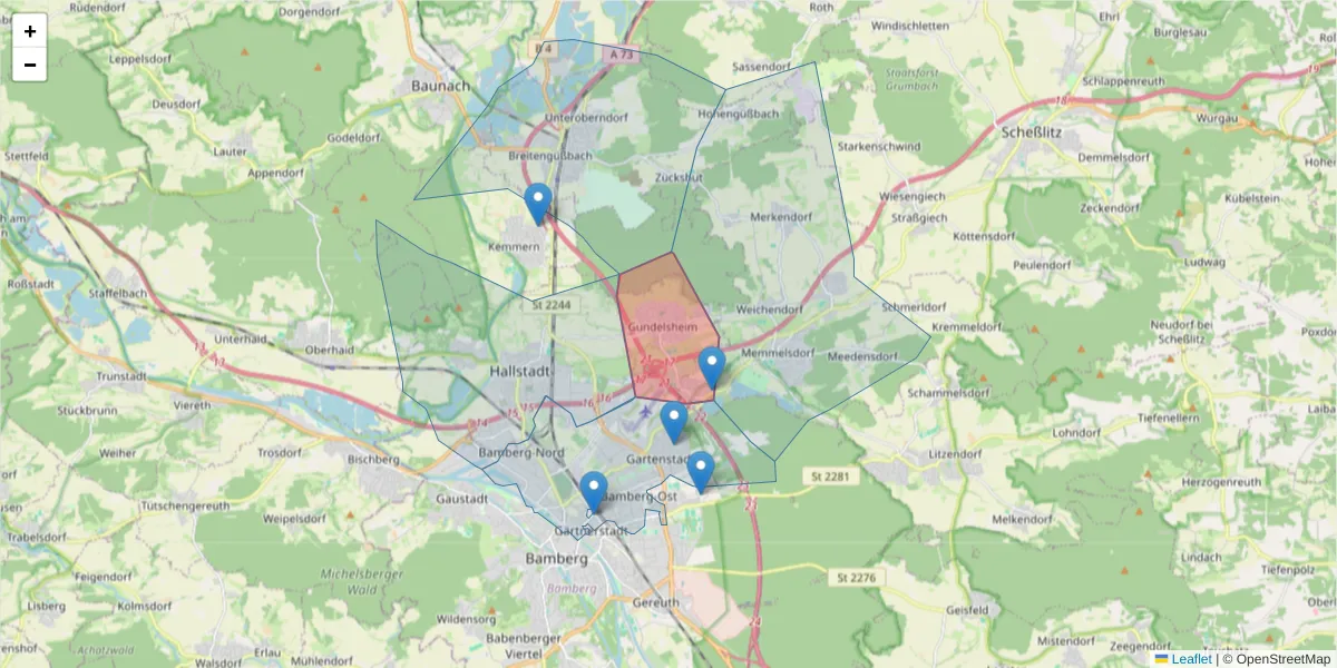 Karte des Postleitzahlen Bereichs  und der umliegenden Postleitzahlen in Deutschland