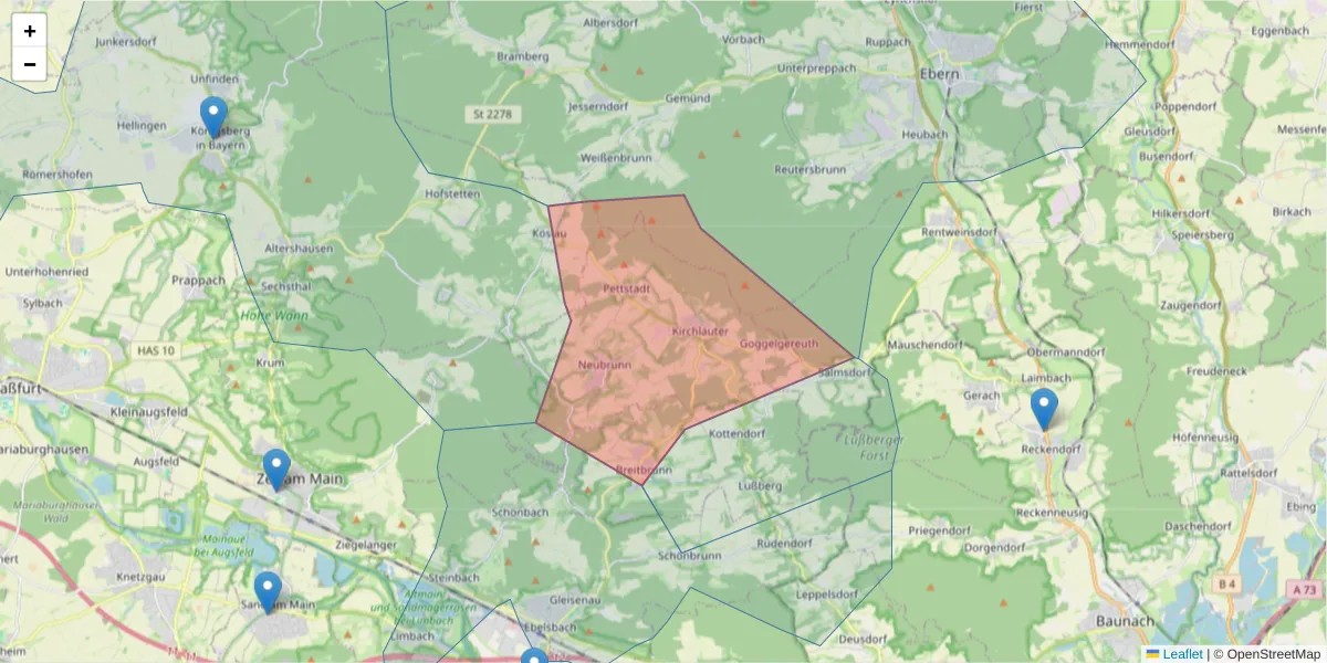Karte des Postleitzahlen Bereichs  und der umliegenden Postleitzahlen in Deutschland