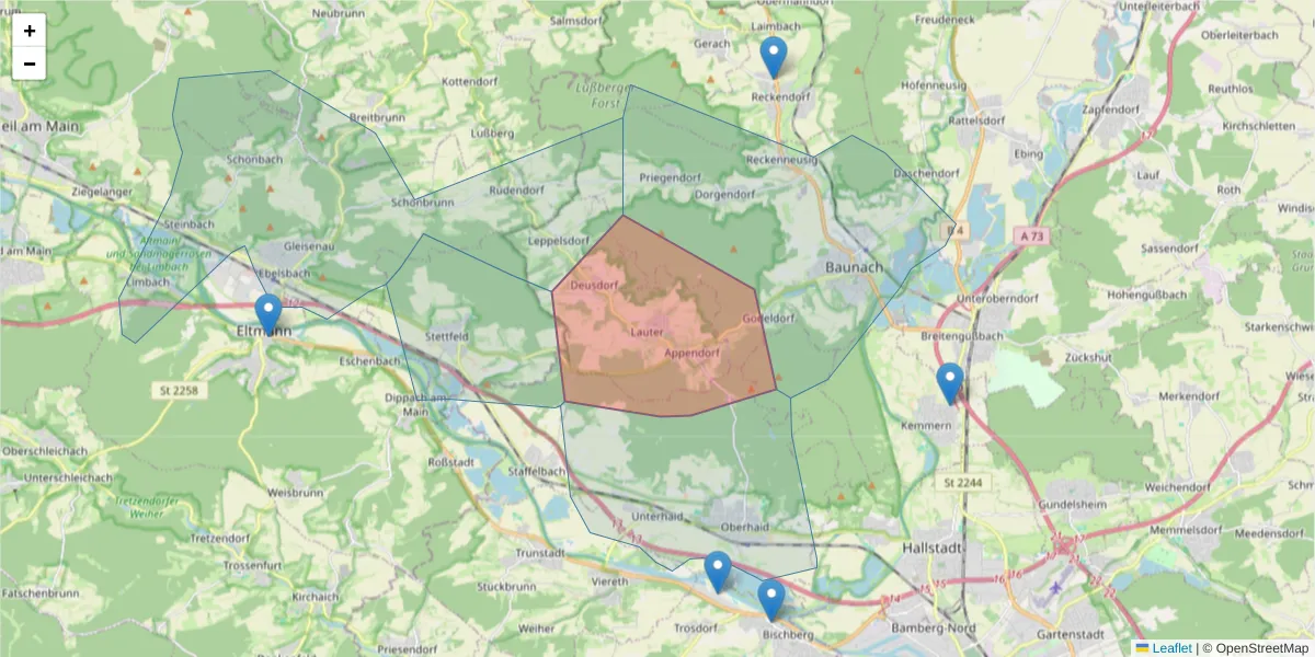 Karte des Postleitzahlen Bereichs  und der umliegenden Postleitzahlen in Deutschland