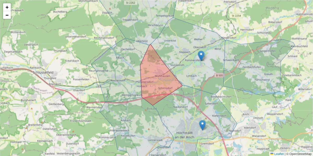 Karte des Postleitzahlen Bereichs  und der umliegenden Postleitzahlen in Deutschland