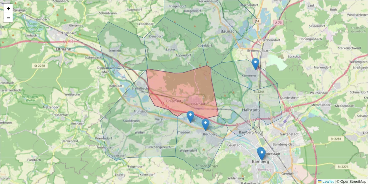 Karte des Postleitzahlen Bereichs  und der umliegenden Postleitzahlen in Deutschland