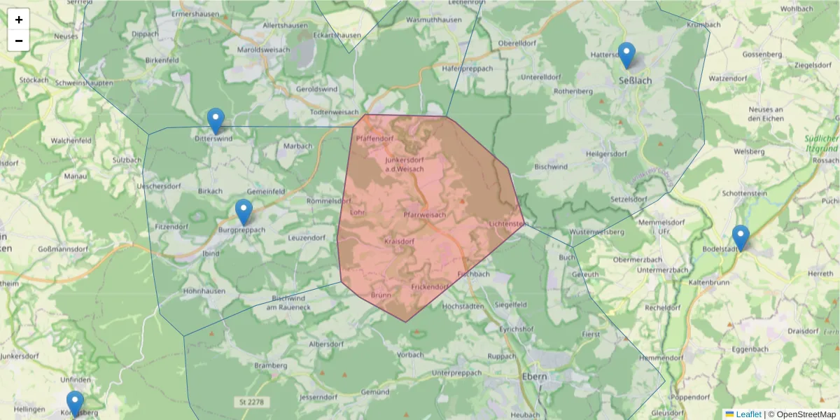 Karte des Postleitzahlen Bereichs  und der umliegenden Postleitzahlen in Deutschland