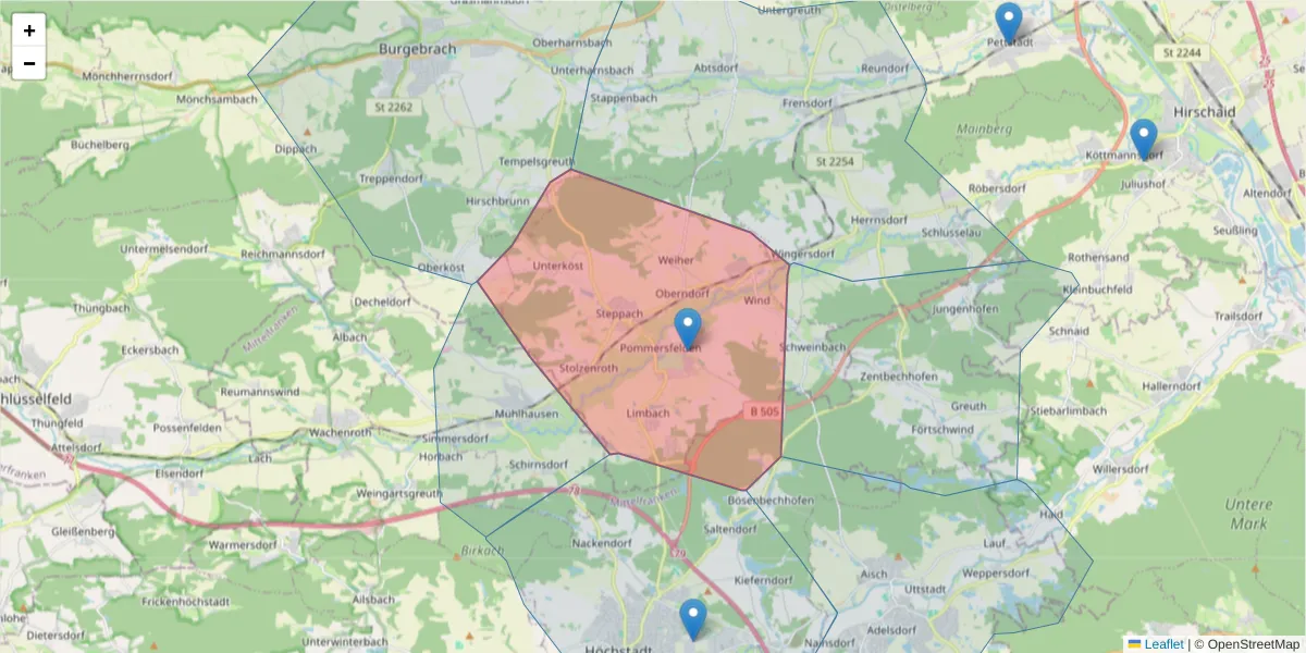 Karte des Postleitzahlen Bereichs  und der umliegenden Postleitzahlen in Deutschland