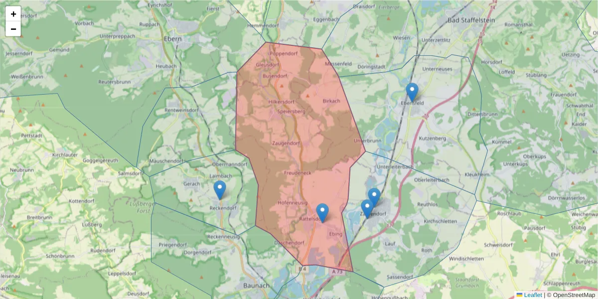 Karte des Postleitzahlen Bereichs  und der umliegenden Postleitzahlen in Deutschland