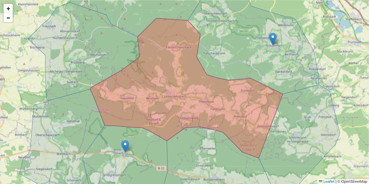 Karte des Postleitzahlen Bereichs  und der umliegenden Postleitzahlen in Deutschland