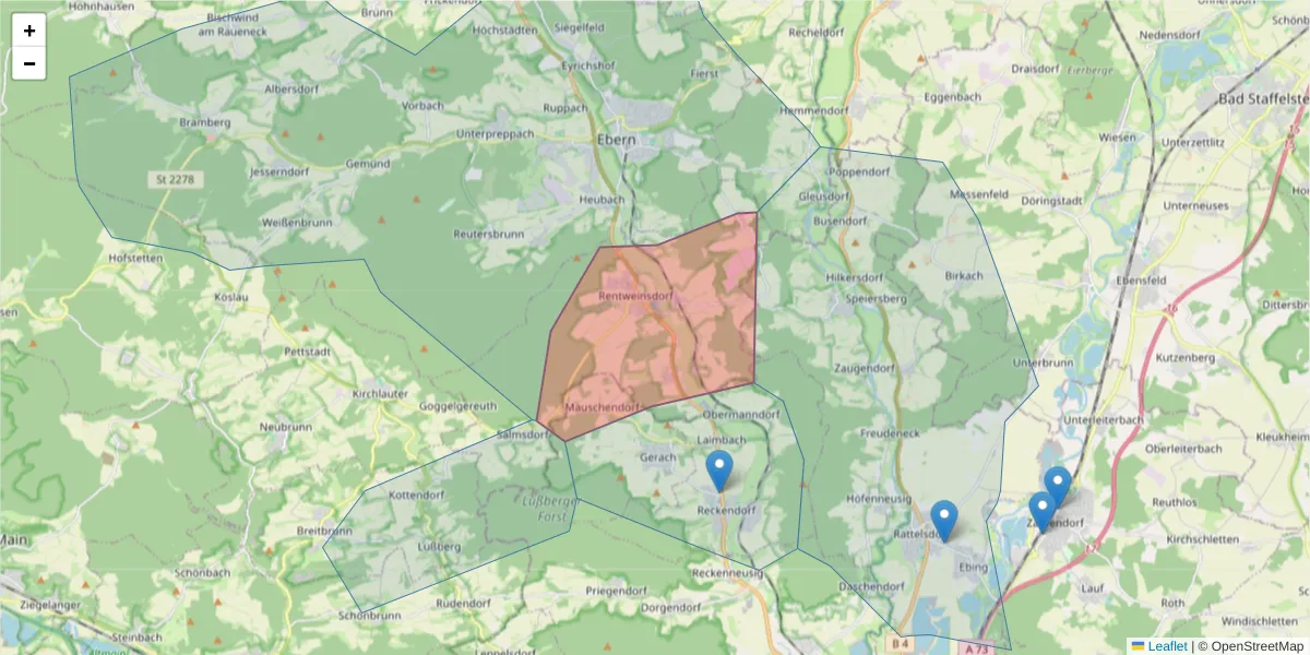 Karte des Postleitzahlen Bereichs  und der umliegenden Postleitzahlen in Deutschland