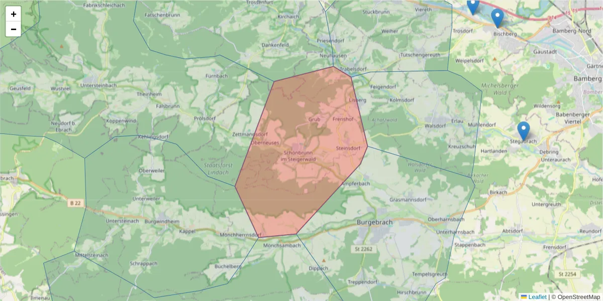Karte des Postleitzahlen Bereichs  und der umliegenden Postleitzahlen in Deutschland