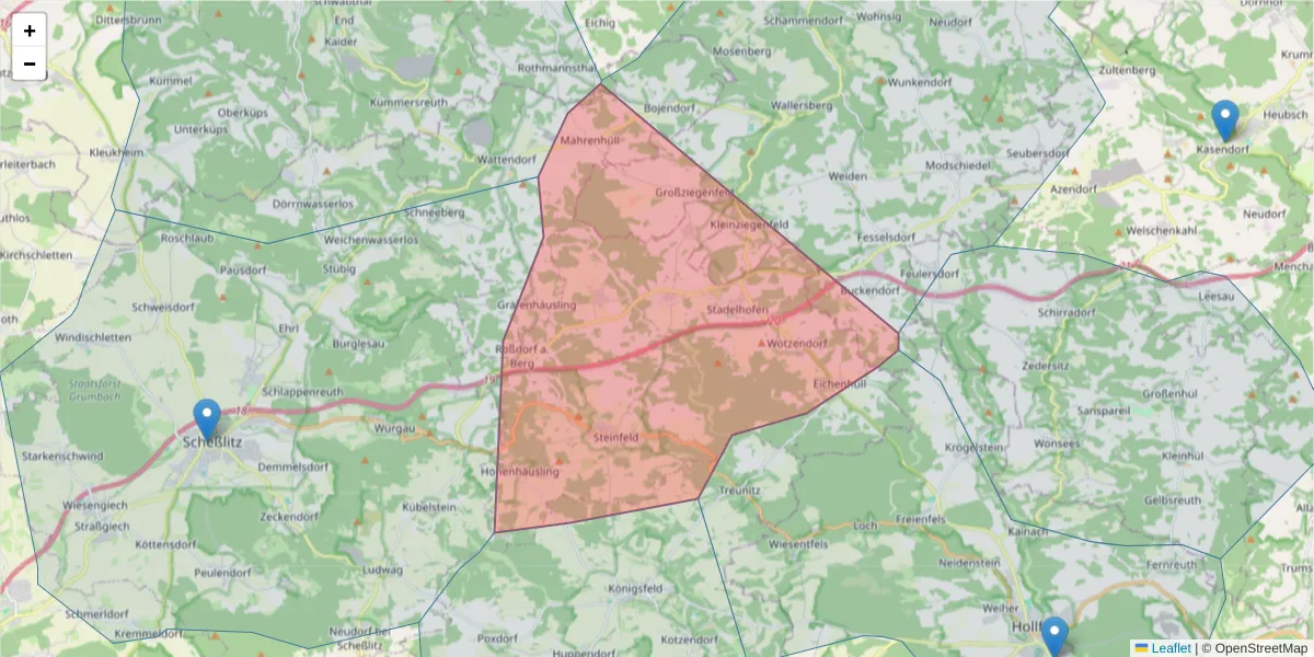 Karte des Postleitzahlen Bereichs  und der umliegenden Postleitzahlen in Deutschland