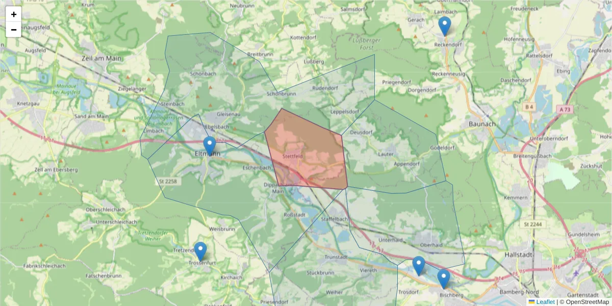 Karte des Postleitzahlen Bereichs  und der umliegenden Postleitzahlen in Deutschland