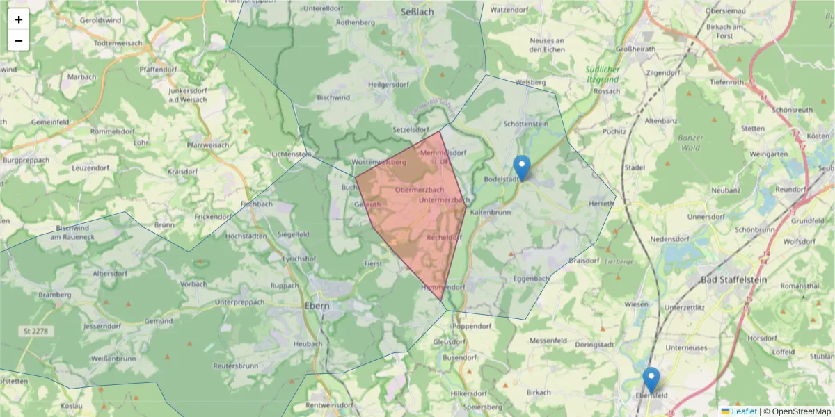 Karte des Postleitzahlen Bereichs  und der umliegenden Postleitzahlen in Deutschland