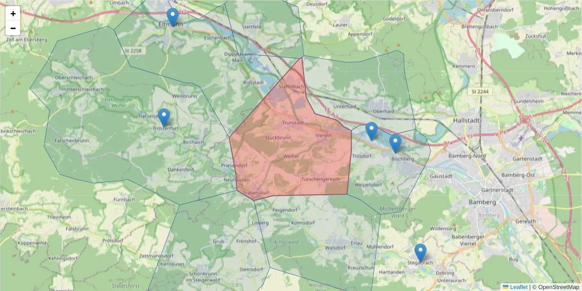 Karte des Postleitzahlen Bereichs  und der umliegenden Postleitzahlen in Deutschland