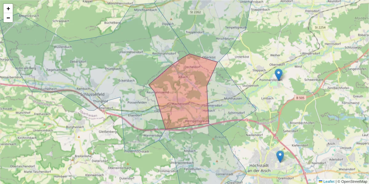 Karte des Postleitzahlen Bereichs  und der umliegenden Postleitzahlen in Deutschland