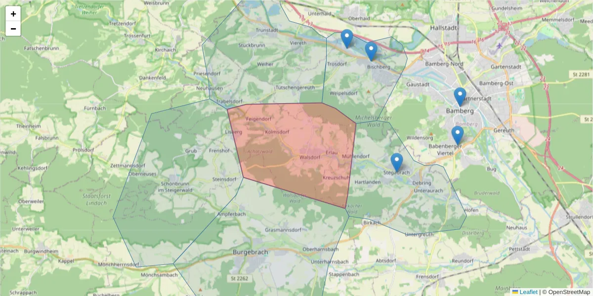 Karte des Postleitzahlen Bereichs  und der umliegenden Postleitzahlen in Deutschland