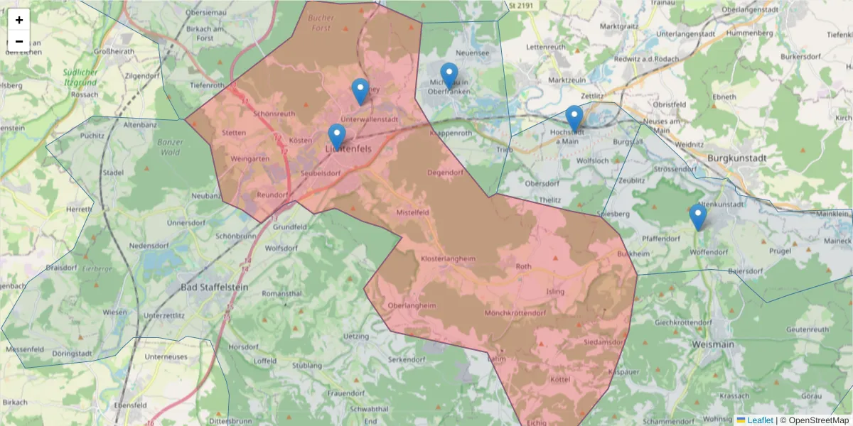 Karte des Postleitzahlen Bereichs  und der umliegenden Postleitzahlen in Deutschland
